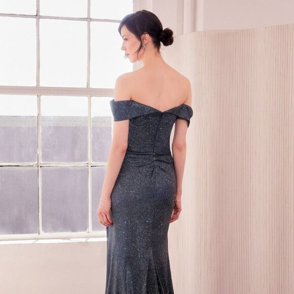 New Off Shoulder Sheath Glitter Dress w/ Leg Slit & Mid-Open Zipper Back CD T605 - Picture 7 of 9